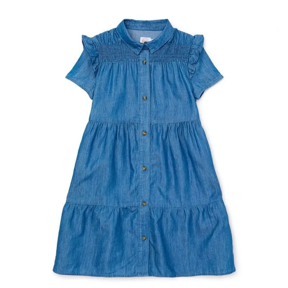 Girls Denim Ruffle Shirt Dress with Short Sleeves, Size XL